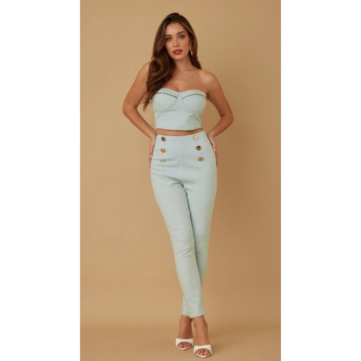 Two-piece flashy sets - strapless top and skinny bottom - zipper detail on the top cup - six button detail look on the pants - zipper on the top and bottom waist