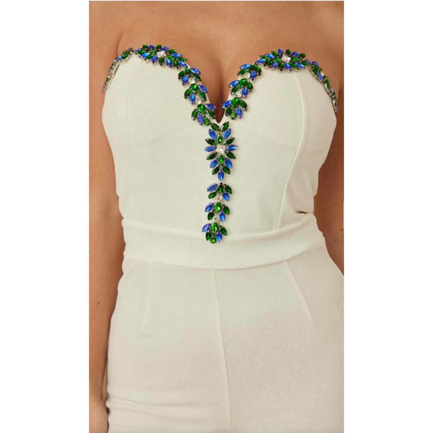 DEEP V JEWEL JUMPSUIT - COLORFUL CURVED V STONE TRIM -ENTERIZO