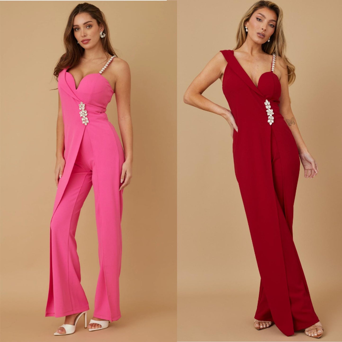 JEWEL STONE STRAP CURTAIN STYLE DETAIL JUMPSUIT - OPEN SLIT DETAIL / SLEEVELESS / STRAPS WITH STONE