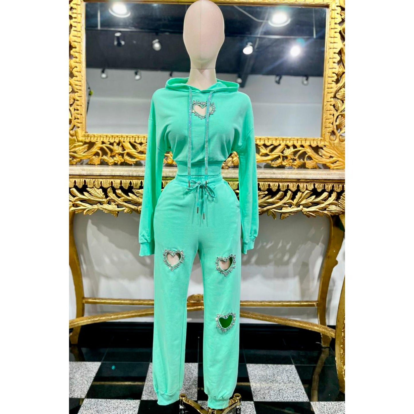 LADIES SET HOODIE & PANTS WITH HEART SHAPED CUT OUT WITH RHINESTONES