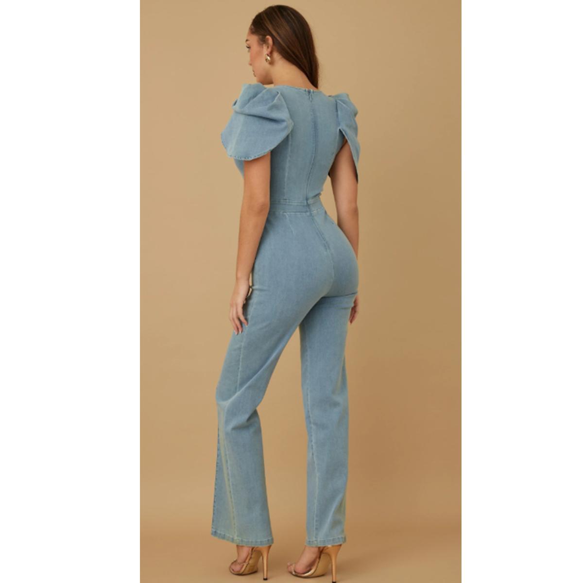 Washed denim fashion jumpsuit with shell cap sleeve - buckle hardware detail on the waist