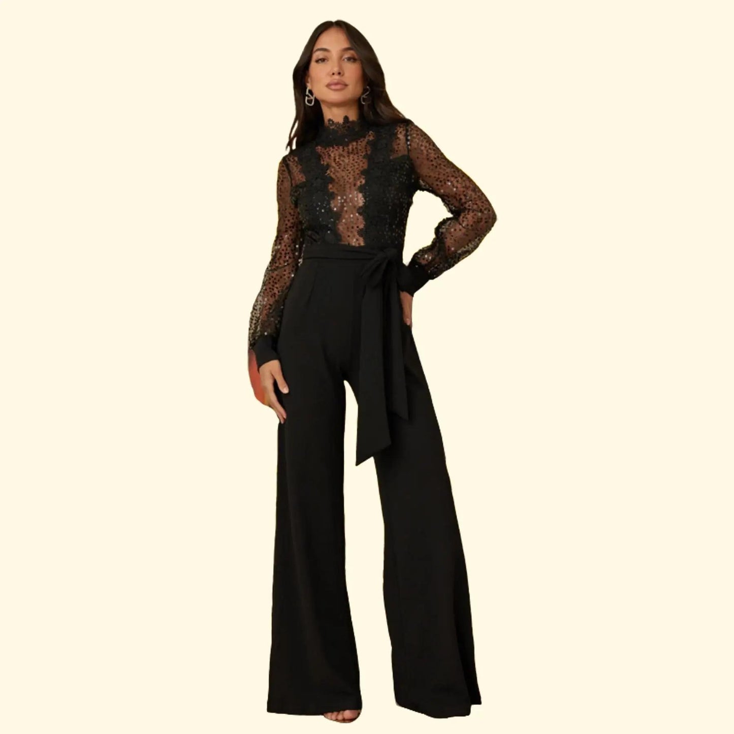 CROCHET SHEER MICRO SEQUIN DOTS JUMPSUIT - MOCK NECK DETAIL WITH FLOWER CROCHET PATTERN