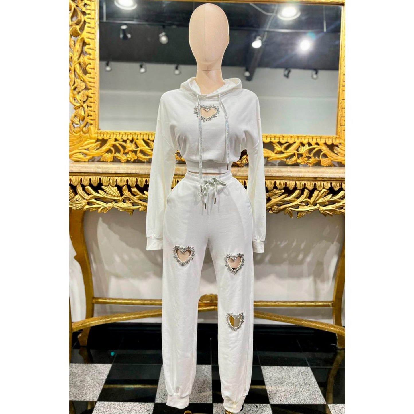 LADIES SET HOODIE & PANTS WITH HEART SHAPED CUT OUT WITH RHINESTONES