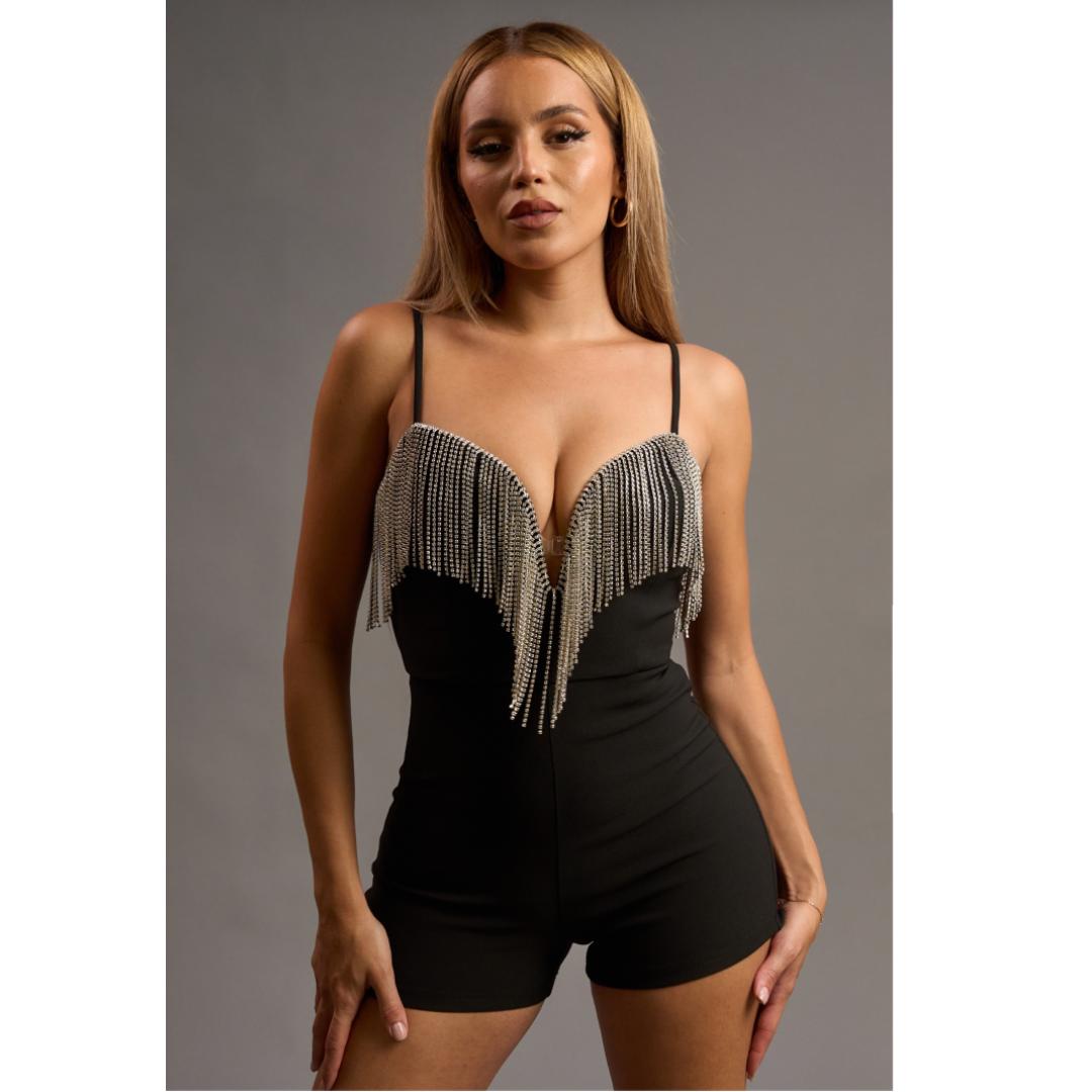 LUXE RHINESTONE FRINGE DEEP V-NECK BODYCON ROMPER