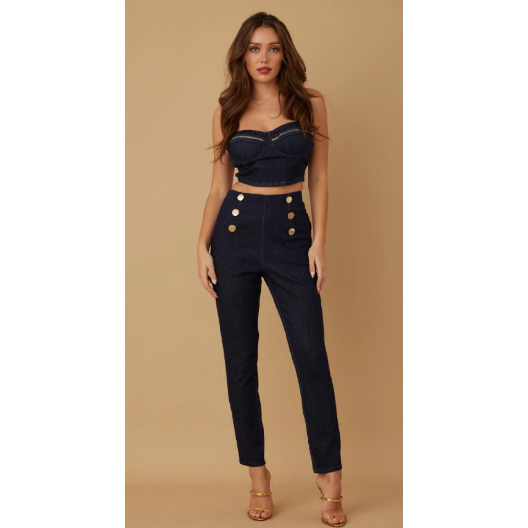 Two-piece flashy sets - strapless top and skinny bottom - zipper detail on the top cup - six button detail look on the pants - zipper on the top and bottom waist