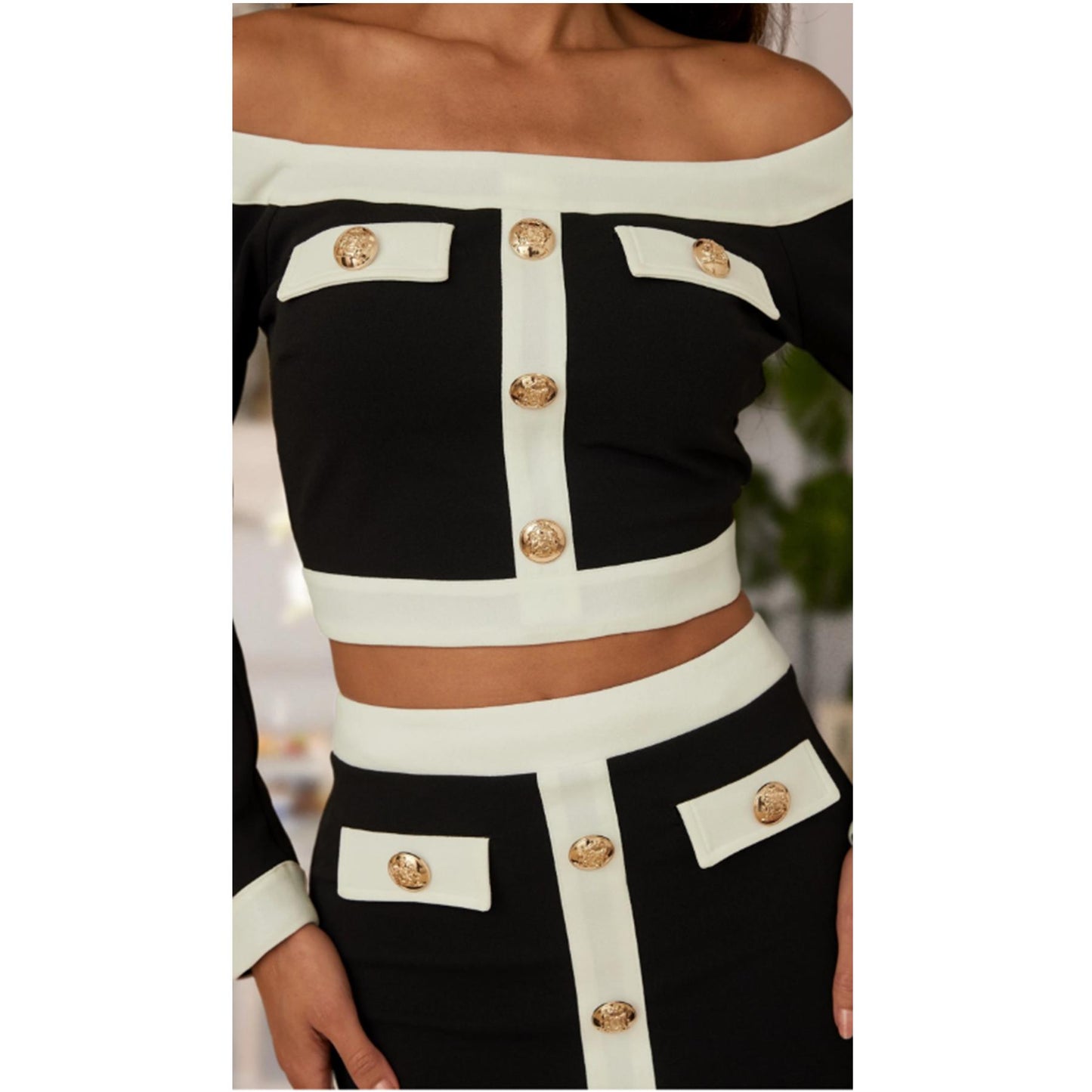 TWO PIECE BLACK/WHITE SETS - GOLD BUTTON DETAIL ALL OVER