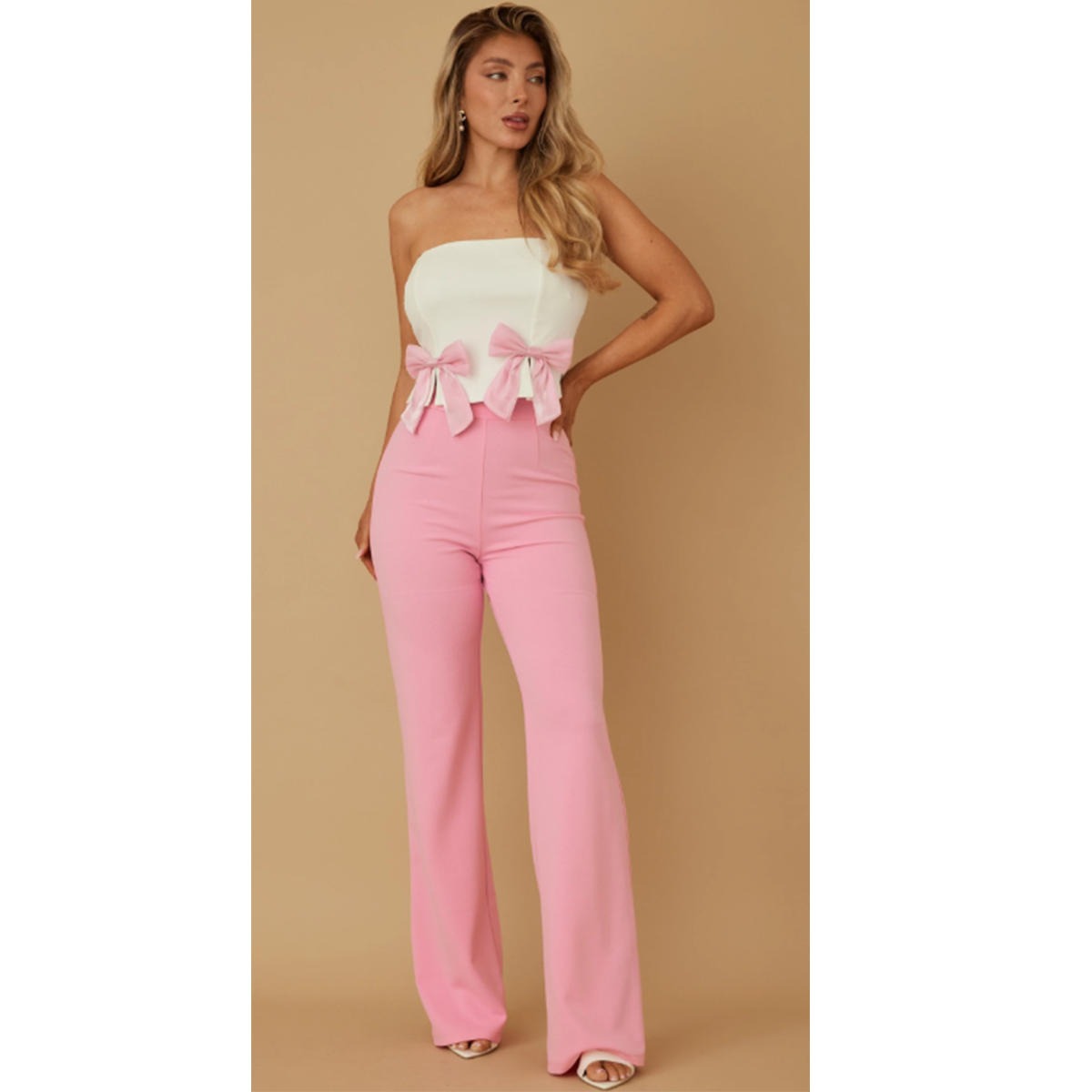 Strapless ribbon bow two piece sets - micro slit with robbon detail - open back with full zipper on the back - basic pants with zipper on the back