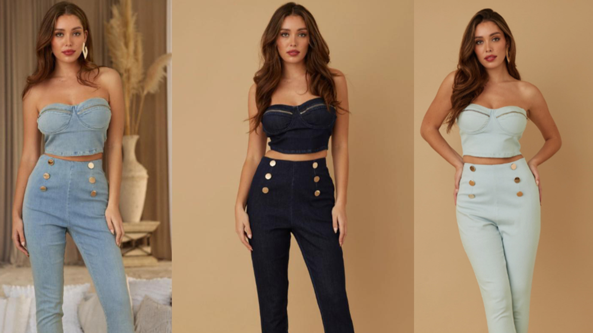 Two-piece flashy sets - strapless top and skinny bottom - zipper detail on the top cup - six button detail look on the pants - zipper on the top and bottom waist
