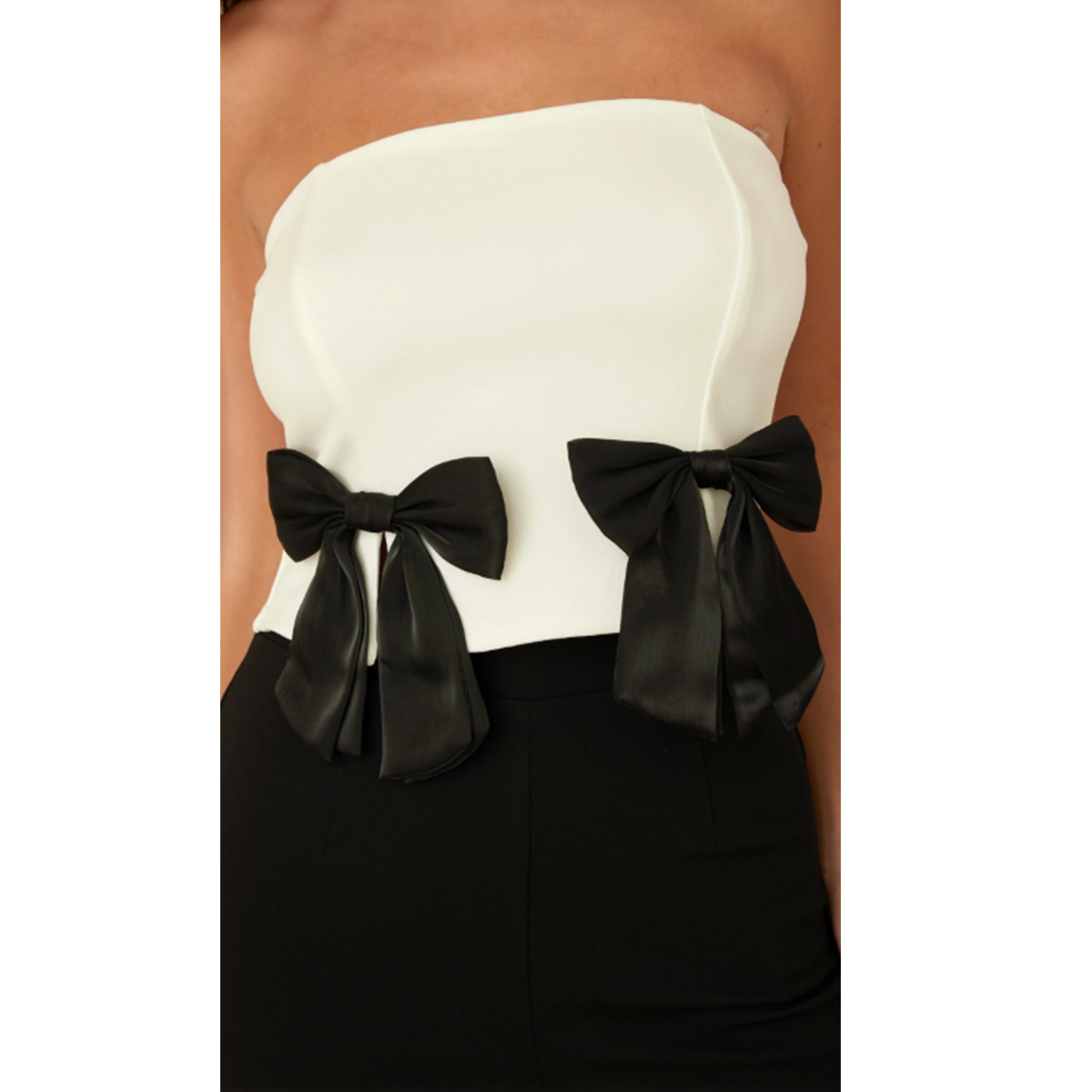 Strapless ribbon bow two piece sets - micro slit with robbon detail - open back with full zipper on the back - basic pants with zipper on the back