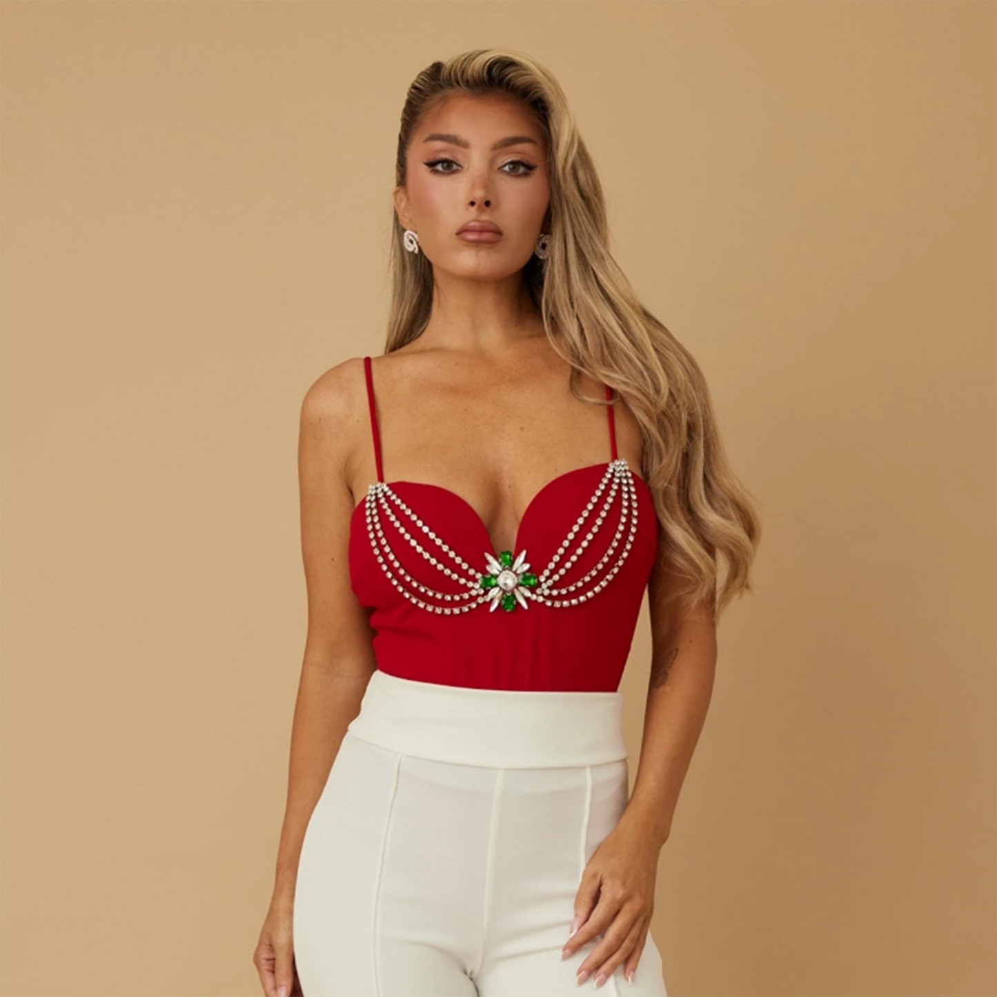 JEWEL CHAIN WITH GREEN STONE DETAIL BODYSUIT - SPAGHETTI STRAP / JEWEL DRAPED CHAIN