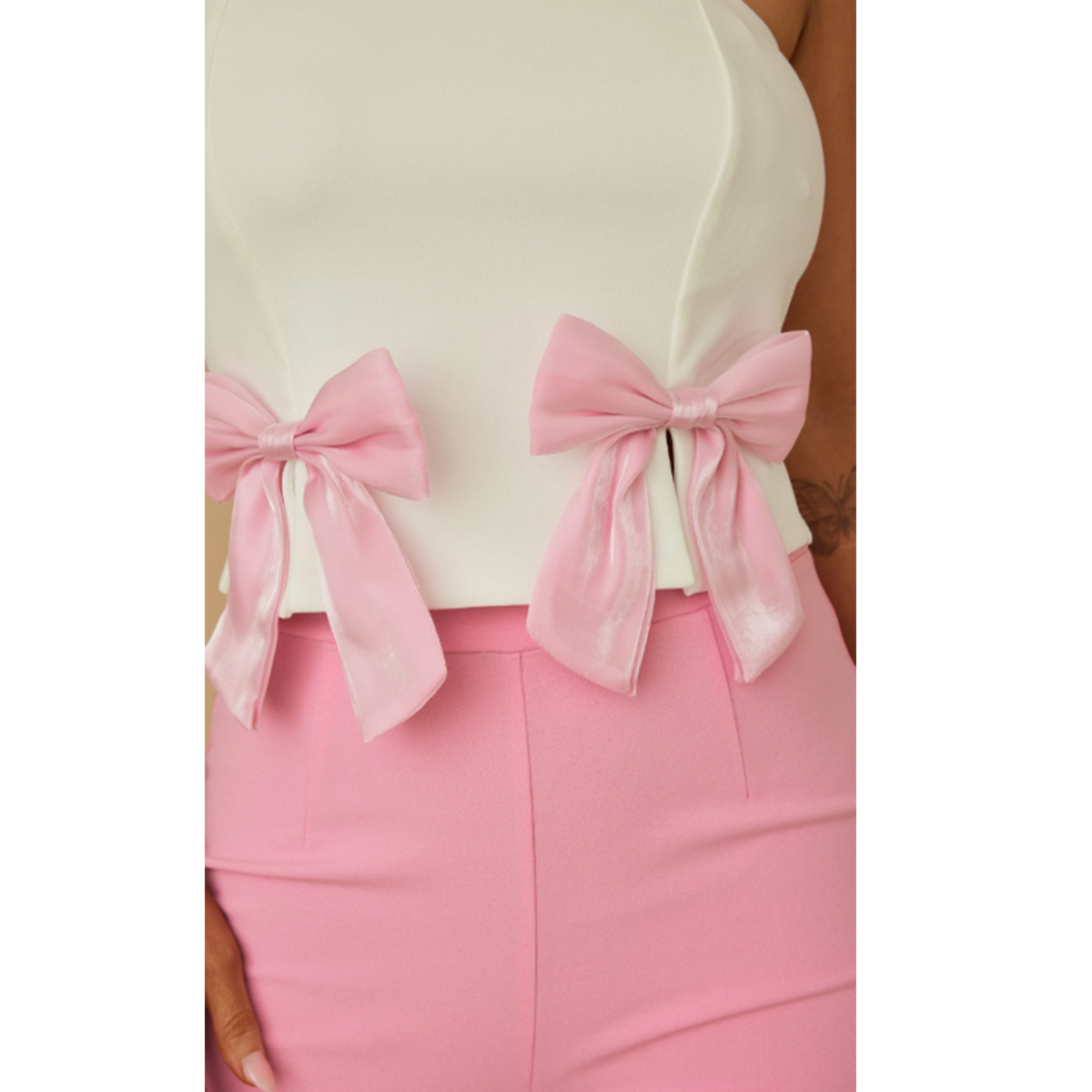 Strapless ribbon bow two piece sets - micro slit with robbon detail - open back with full zipper on the back - basic pants with zipper on the back