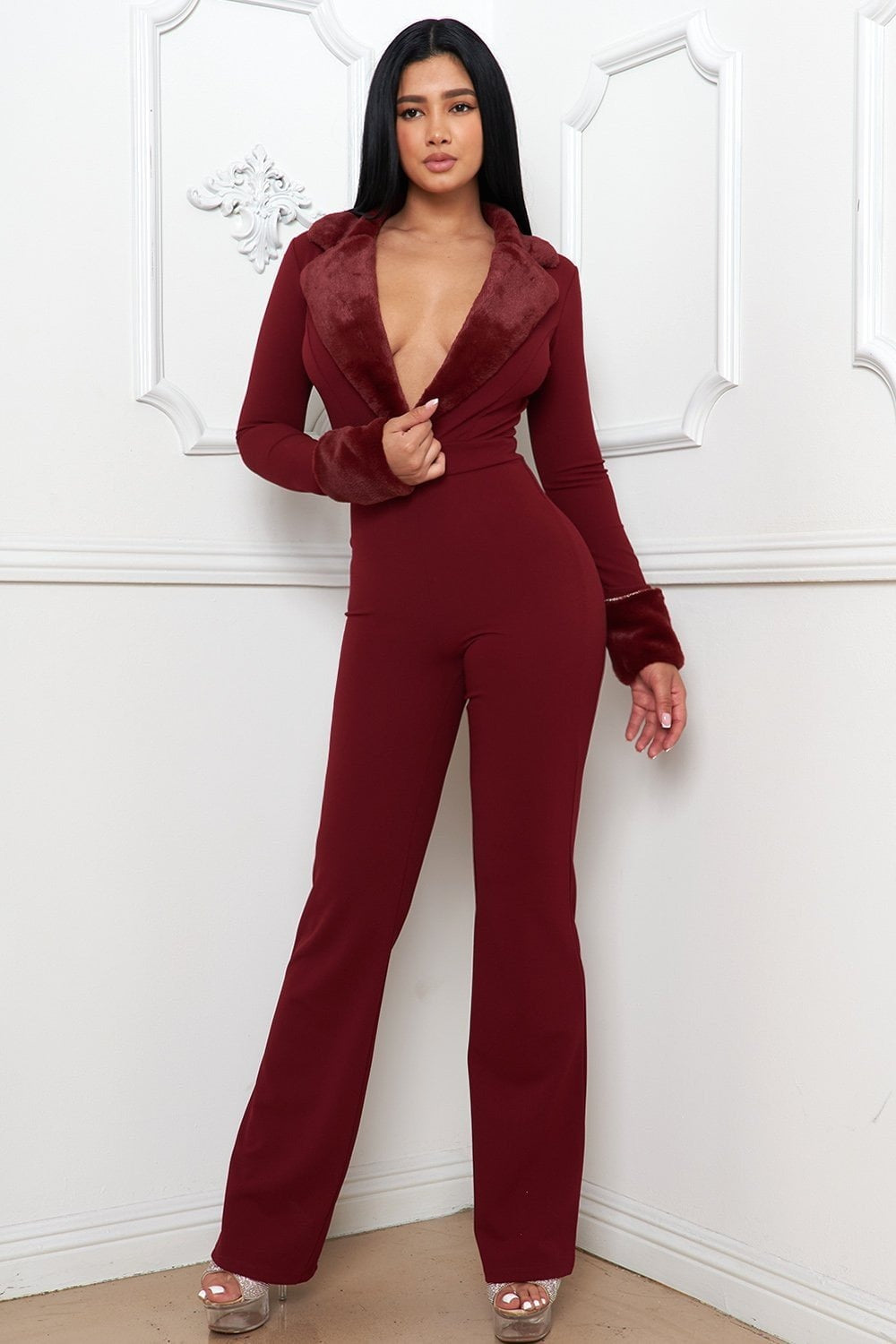 FAUX FUR COLLAR AND WRIST JUMPSUIT LONG SLEEVE
