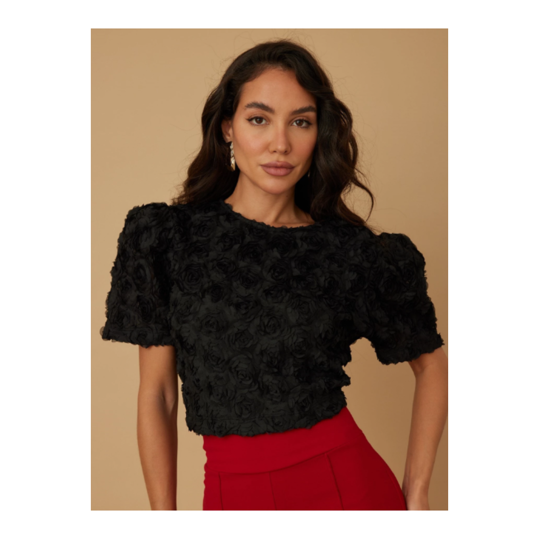 Rose crop puff up top - rose petal detail / full zipper on back- summer outfits