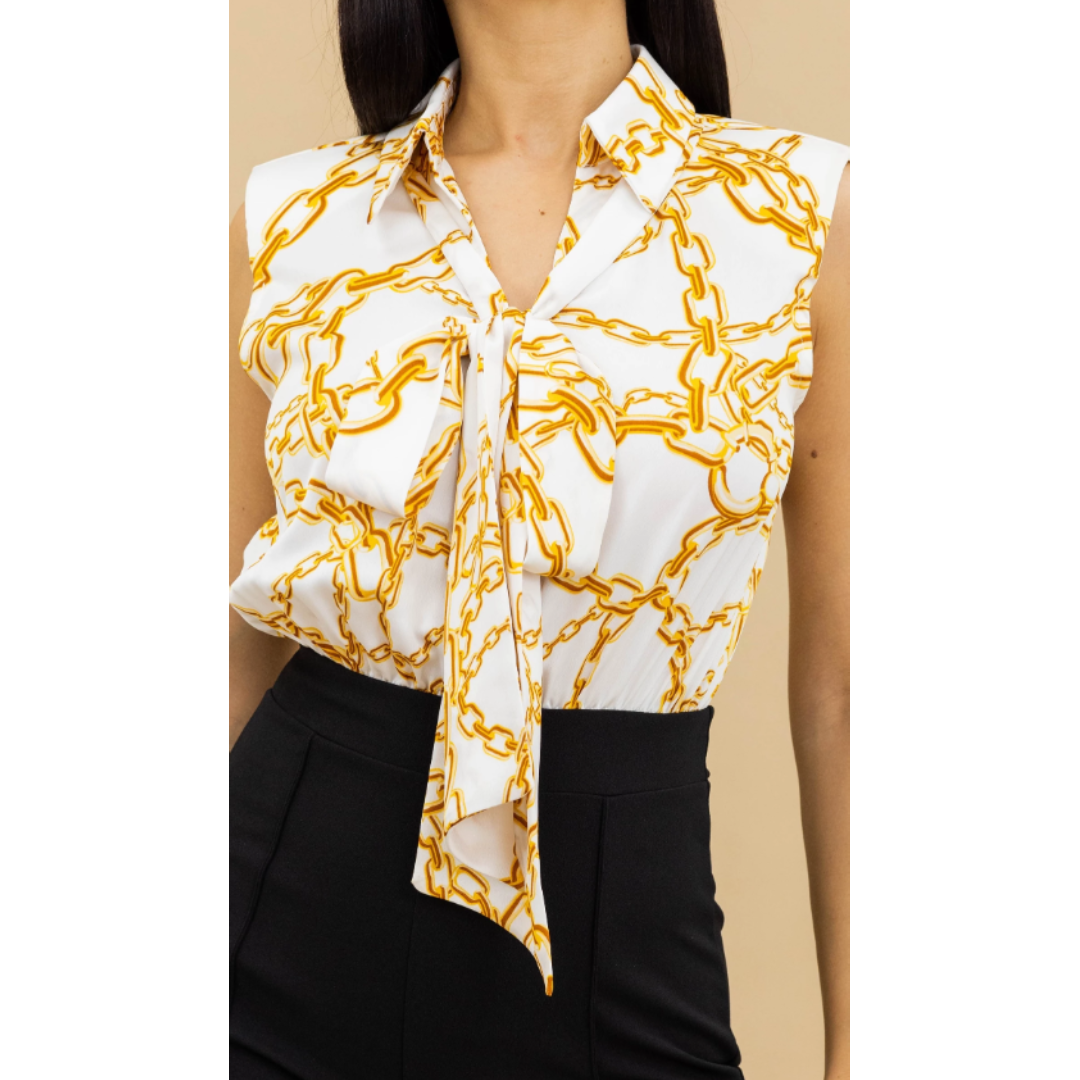 WOVEN CHAIN PRINT TOP FASHION JUMPSUIT - TIE NECK DETAIL, SLEEVELESS, PADDED SHOULDER, ZIPPER IN THE BACK
