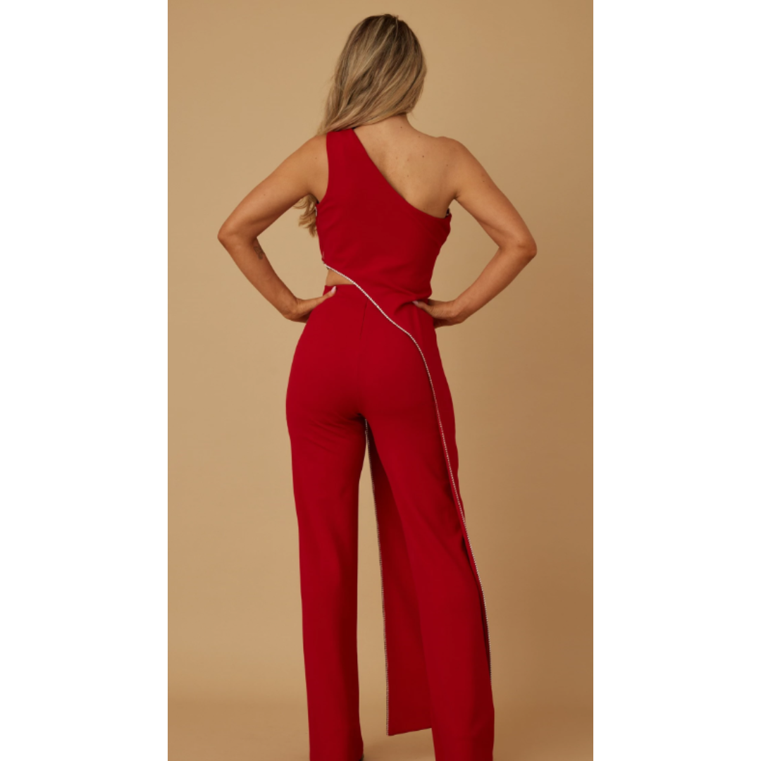 Maxi two-piece rhinestone sets - one sided draped layer with rhinestone trim - one shoulder strap with zipper on the side - rhinestone edges from top side to bottom - uneven angled draped layer top - zipper on pants waist
