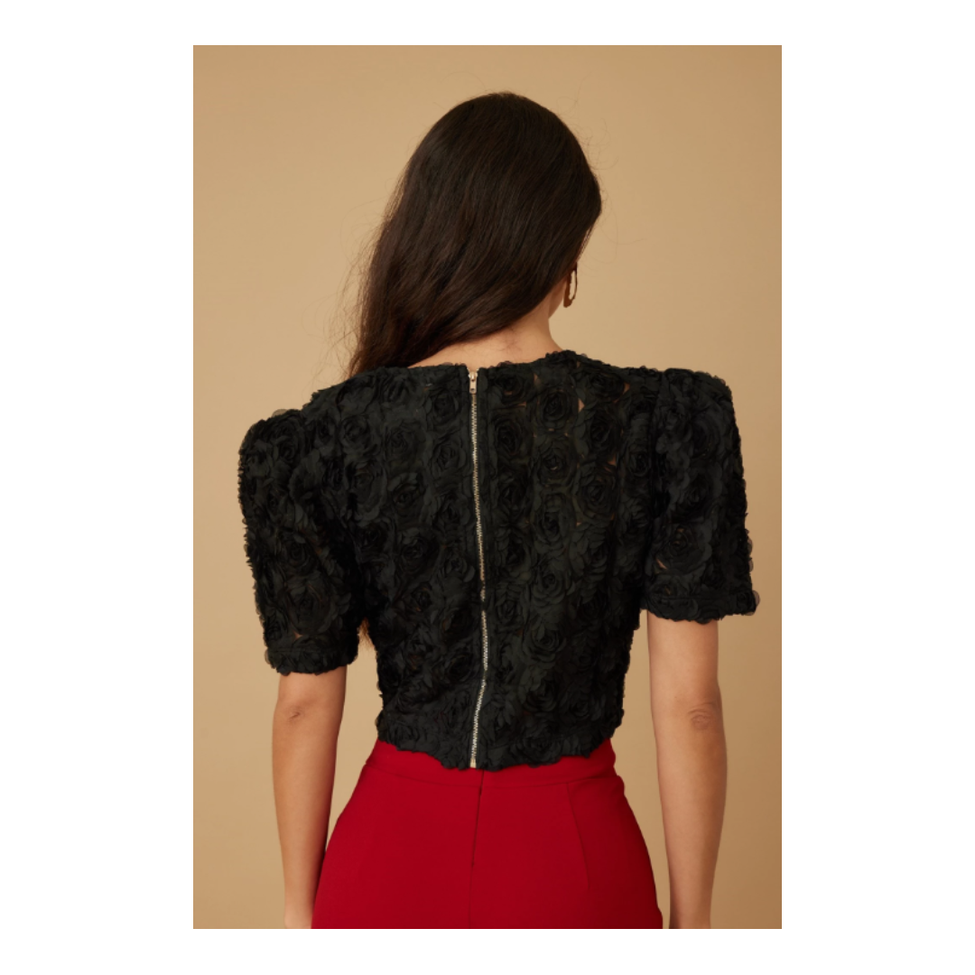 Rose crop puff up top - rose petal detail / full zipper on back- summer outfits