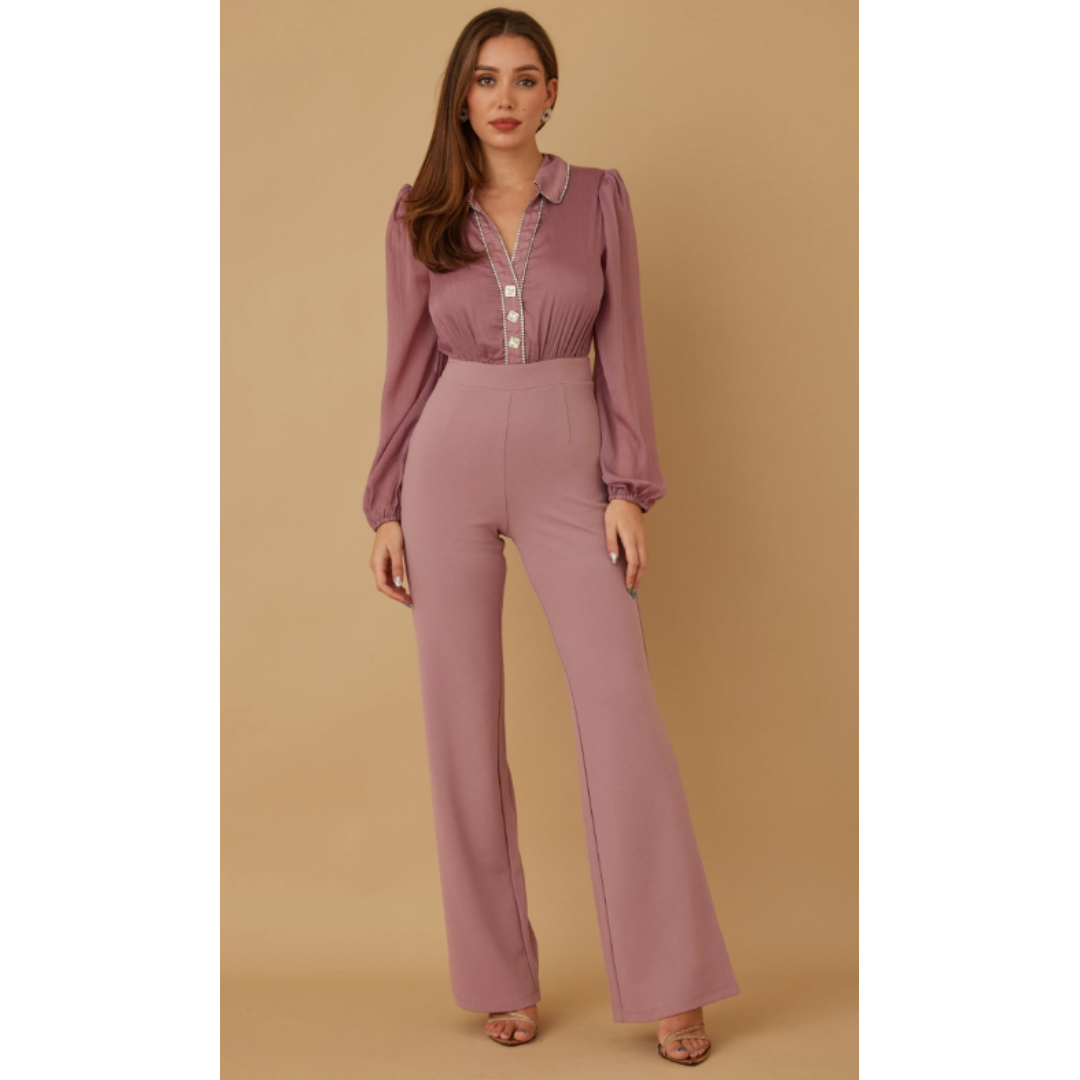 BLING RHINESTONES PATTERN LONG SLEEVE JUMPSUIT - THREE SQUARE CRYSTAL DETAIL ON CENTER - MICRO RHINESTONES ON COLLAR DETAIL Chic Womenswear