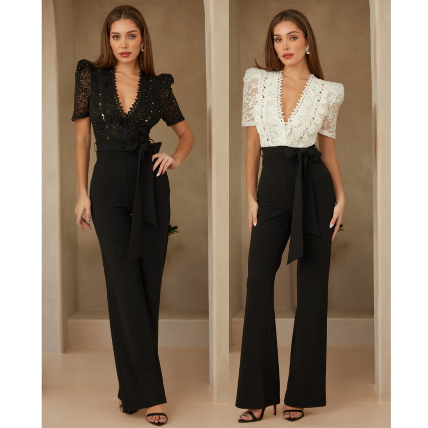 Women's Flower Embroidered Jumpsuit with Waist Tie and Puff Short Sleeves