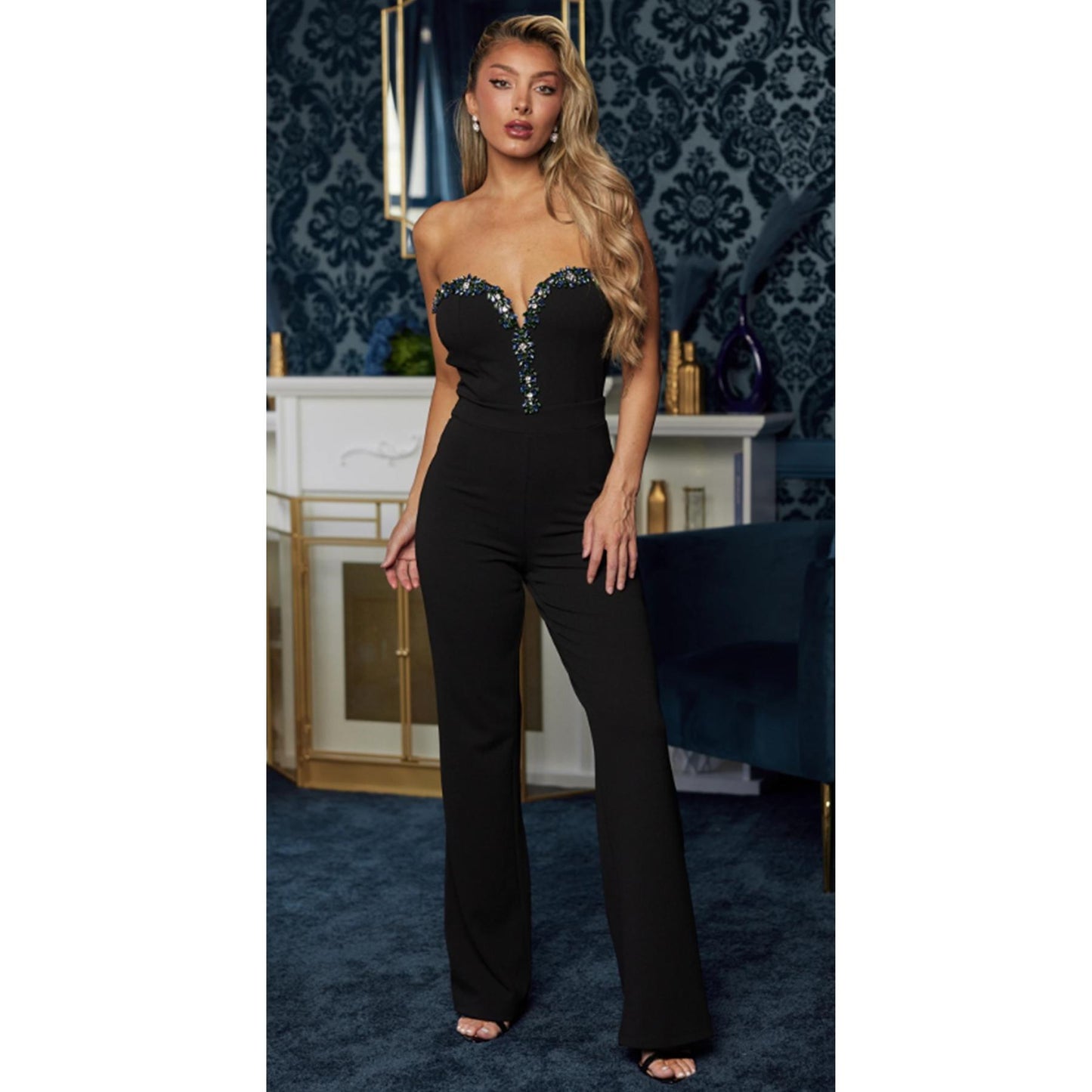 DEEP V JEWEL JUMPSUIT - COLORFUL CURVED V STONE TRIM -ENTERIZO