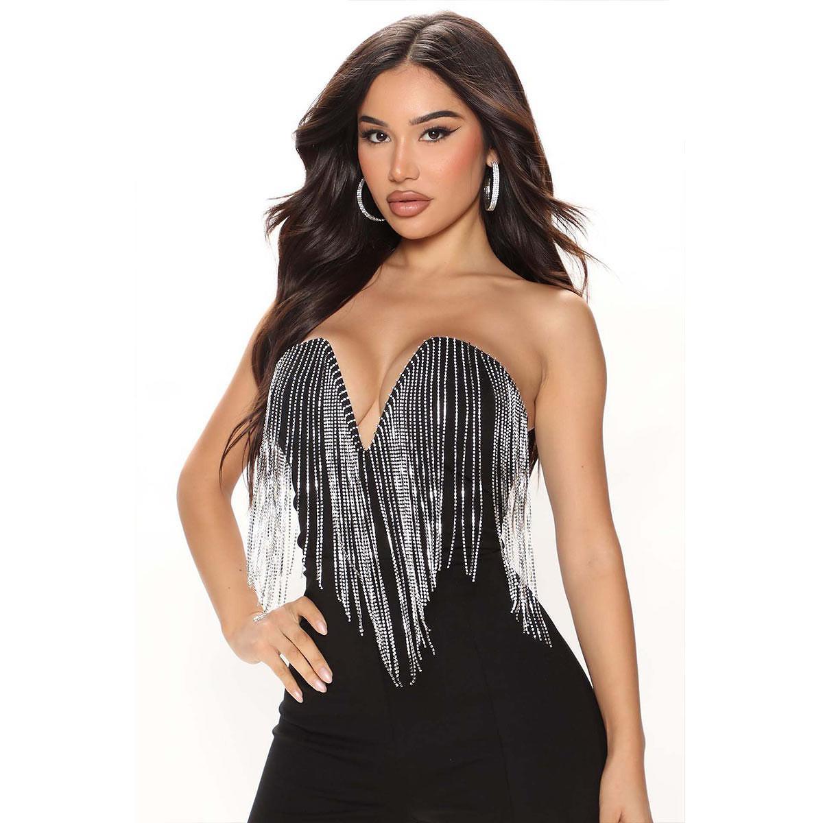Plunging Rhinestone Tassel Romper Comfort Fit Womenswear Casual Comfortable