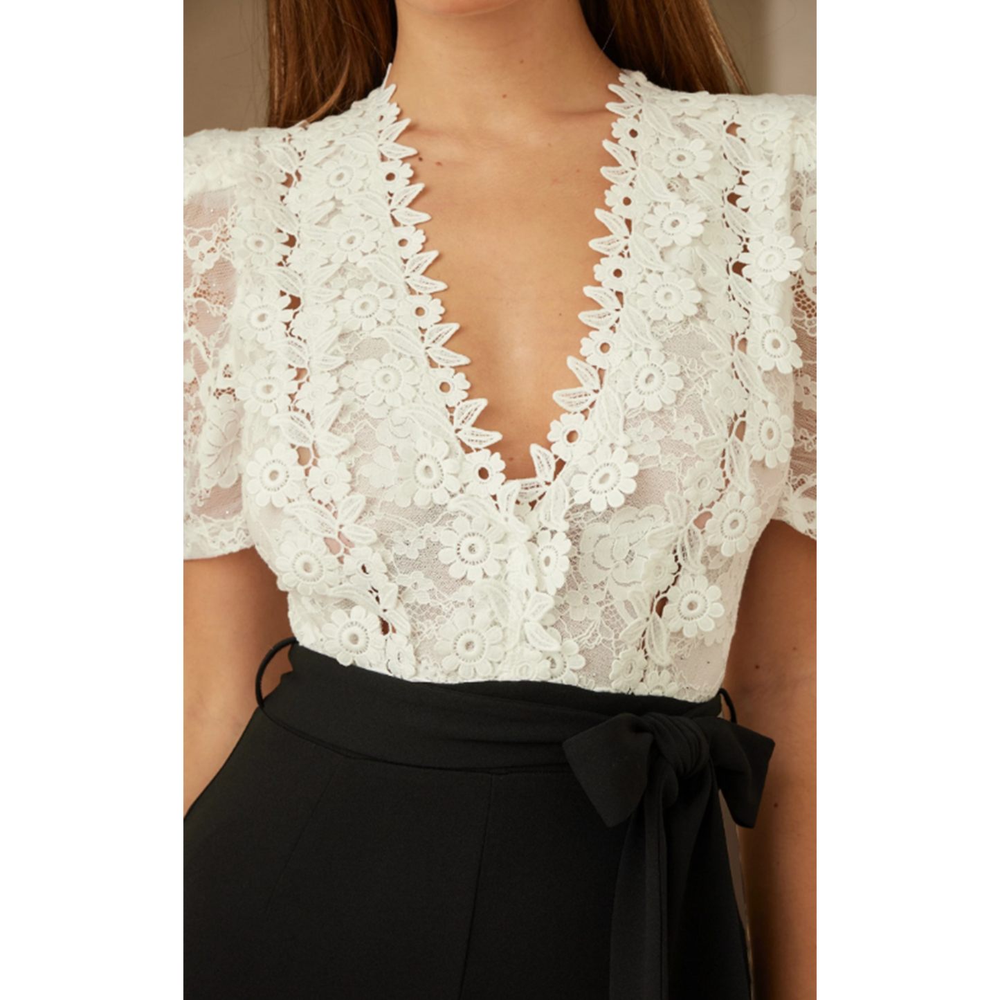 Women's Flower Embroidered Jumpsuit with Waist Tie and Puff Short Sleeves