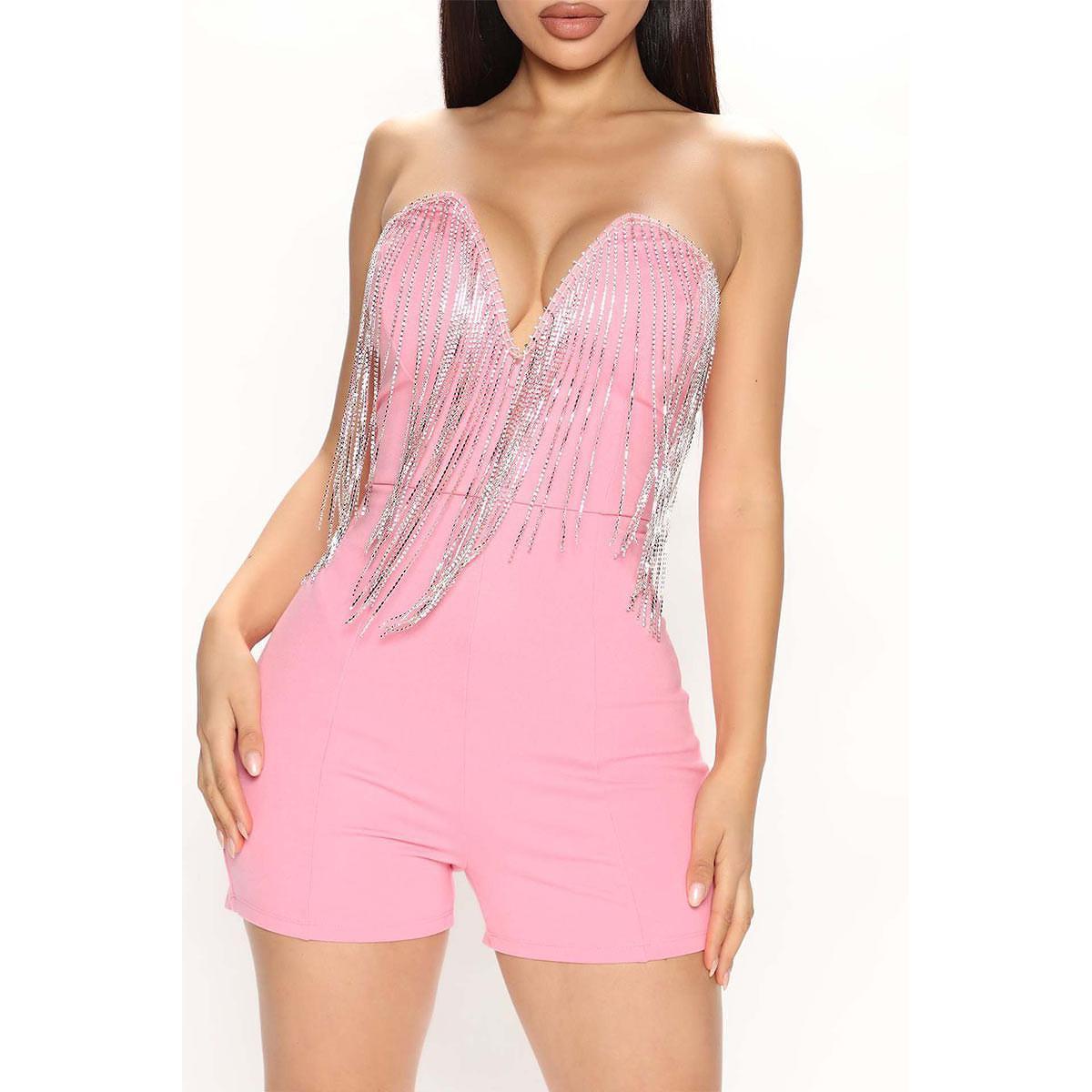 Plunging Rhinestone Tassel Romper Comfort Fit Womenswear Casual Comfortable