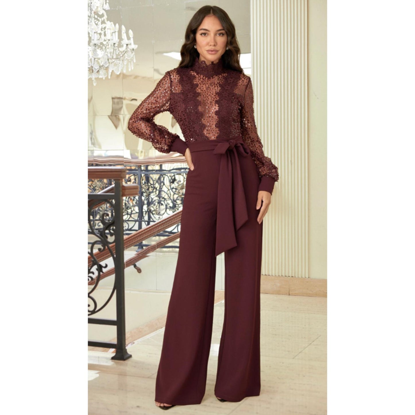 CROCHET SHEER MICRO SEQUIN DOTS JUMPSUIT - MOCK NECK DETAIL WITH FLOWER CROCHET PATTERN