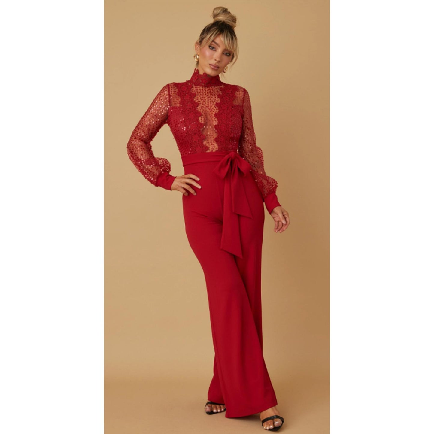 CROCHET SHEER MICRO SEQUIN DOTS JUMPSUIT - MOCK NECK DETAIL WITH FLOWER CROCHET PATTERN