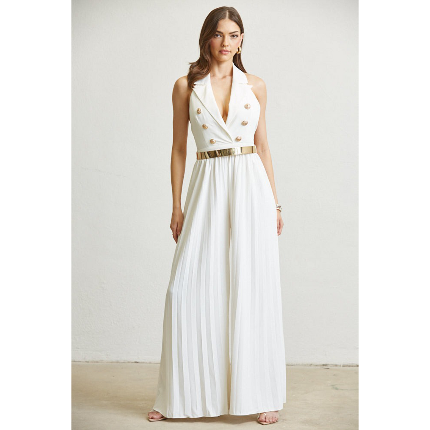 JUMPSUIT - SOLID, WOVEN FABRIC TOP BODICE - PLEATED CHIFFON WIDE-LEG PANTS
