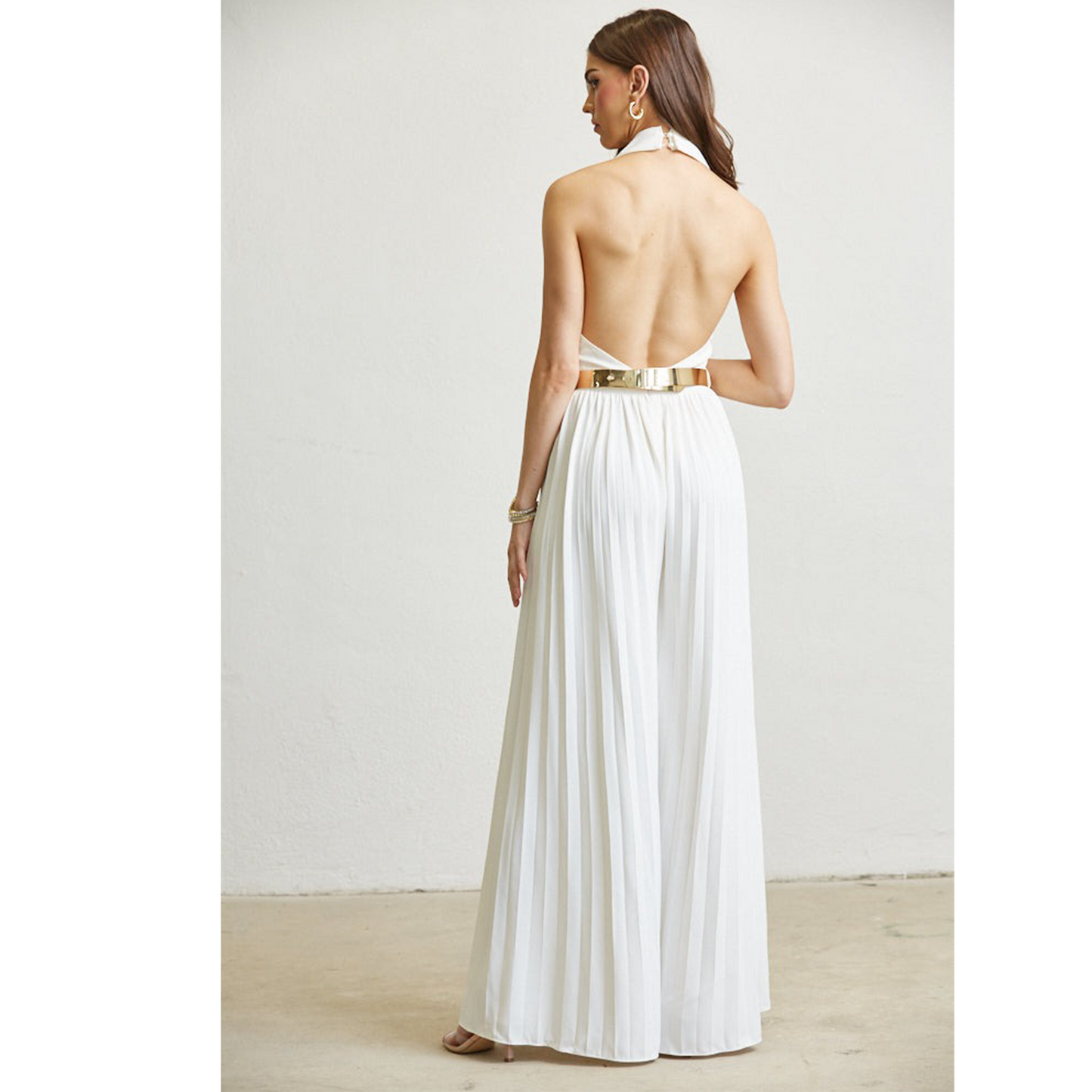 JUMPSUIT - SOLID, WOVEN FABRIC TOP BODICE - PLEATED CHIFFON WIDE-LEG PANTS