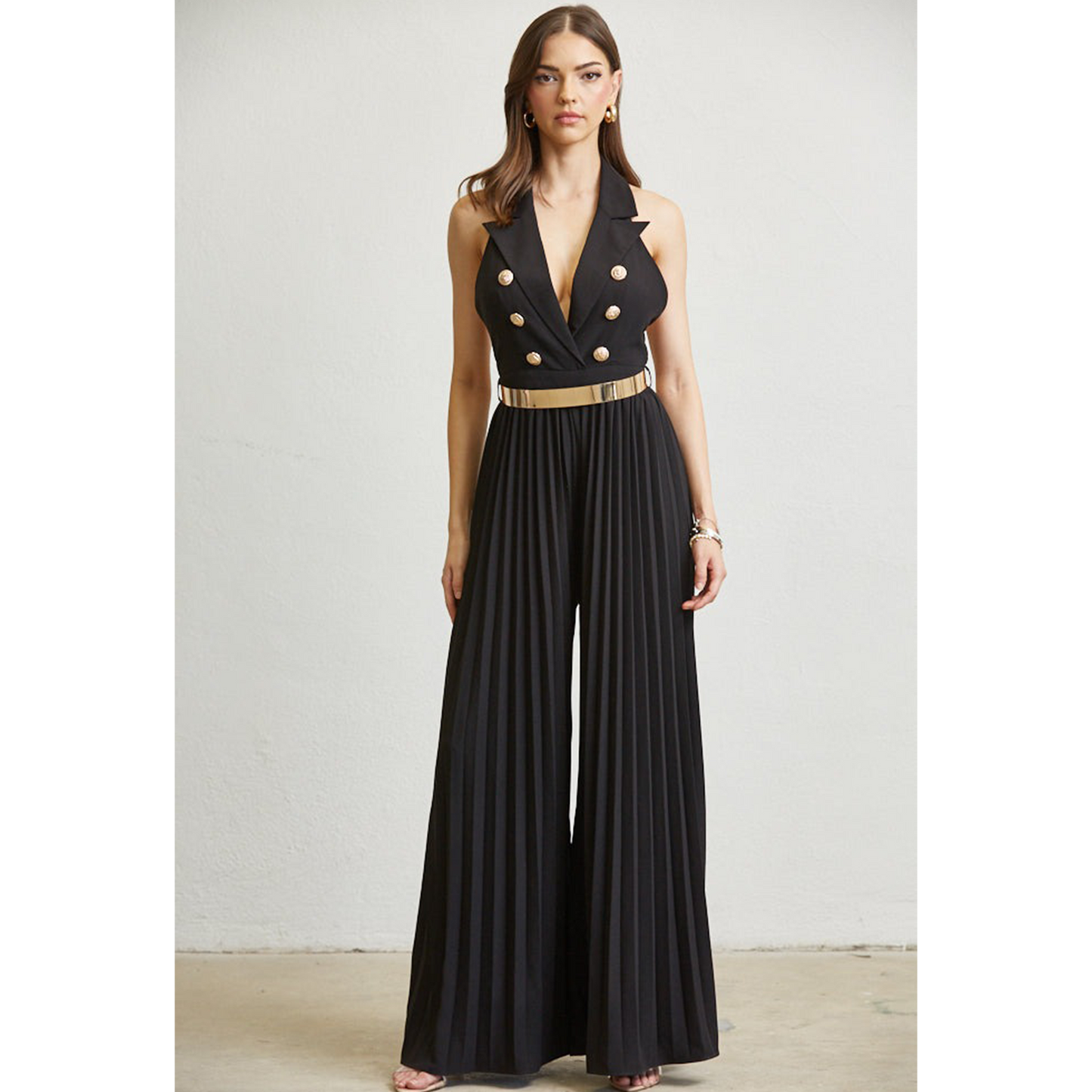 JUMPSUIT - SOLID, WOVEN FABRIC TOP BODICE - PLEATED CHIFFON WIDE-LEG PANTS