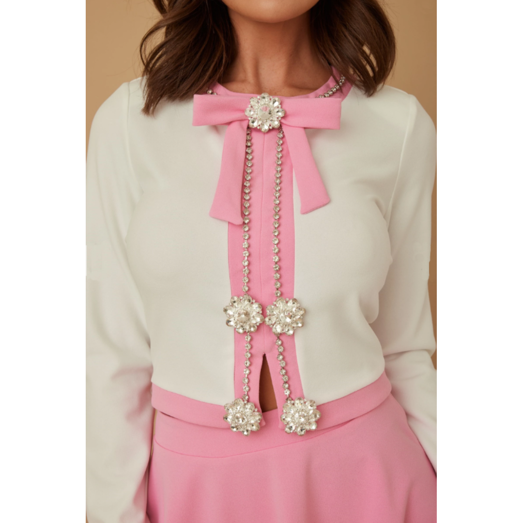 Long Sleeve with Short Skirt - Bow Detail with Huge Crystal Flower Jewelry Set - Small Rhinestone Lining Womenswear Clothing