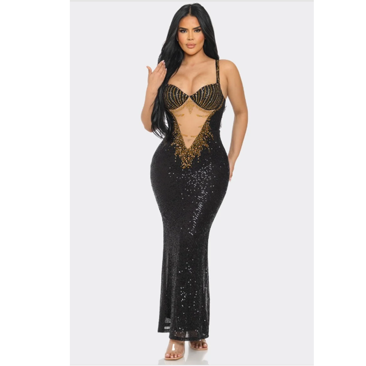 SEQUIN CUT OUT MERMAID MAXI DRESS BLACK Comfort Formal Elegant Sexy