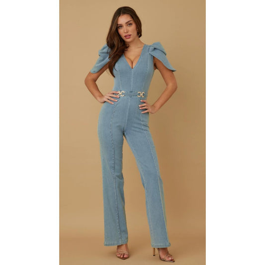 Washed denim fashion jumpsuit with shell cap sleeve - buckle hardware detail on the waist