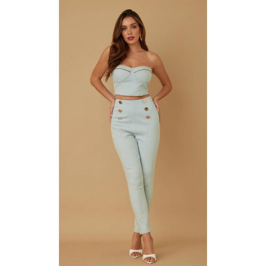 Two-piece flashy sets - strapless top and skinny bottom - zipper detail on the top cup - six button detail look on the pants - zipper on the top and bottom waist