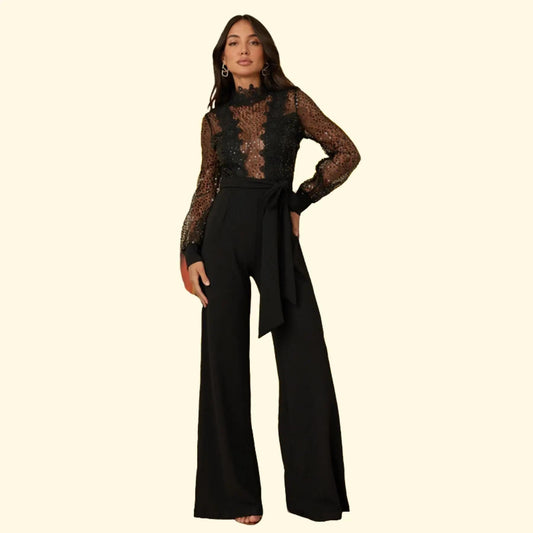 CROCHET SHEER MICRO SEQUIN DOTS JUMPSUIT - MOCK NECK DETAIL WITH FLOWER CROCHET PATTERN