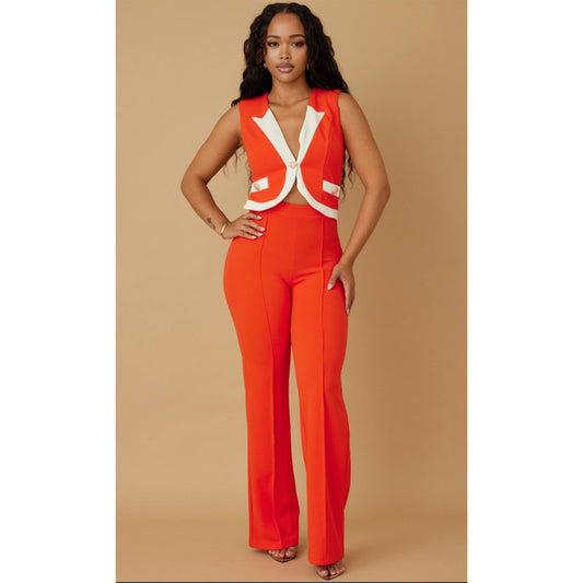 SUIT VEST STYLE JUMPSUIT - SMALL OPEN CUT OFF DETAIL ON FRONT