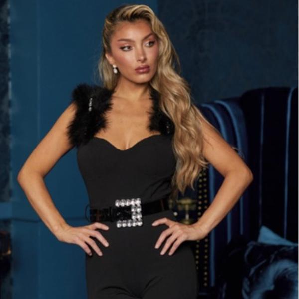 FUR WITH JEWEL STRAP DETAILED FASHION JUMPSUIT