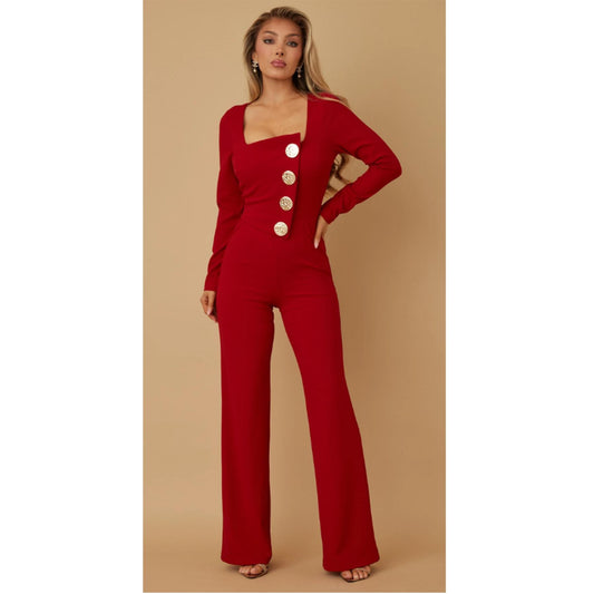 METALLIC FLAT STONE DETAIL JUMPSUIT - LONG SLEEVE LAYER
