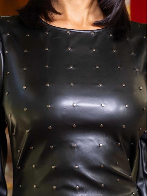 PU LEATHER SHORT DRESS WITH STUD DETAIL - LONG PUFF SHOULDER SLEEVE, ZIPPER IN THE BACK