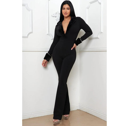 FAUX FUR COLLAR AND WRIST JUMPSUIT  LONG SLEEVE