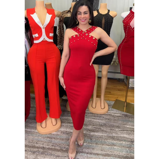 EYELET STRAP DETAILED FASHION DRESS - SLEEVELESS, MIDI LENGTH, ZIPPER IN THE BACK