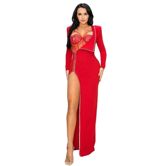 2PCS DRESS & BODYSUIT SET RED RHINESTONES EMBELLISHMENTS