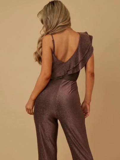 DIAGONAL RUFFLE DOWN FASHION SHINY JUMPSUIT - SLEEVELESS (VERY STRETCHY)