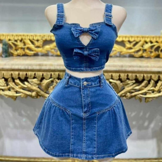 Women's Denim Skirt and Top Set with Bow Embellishment