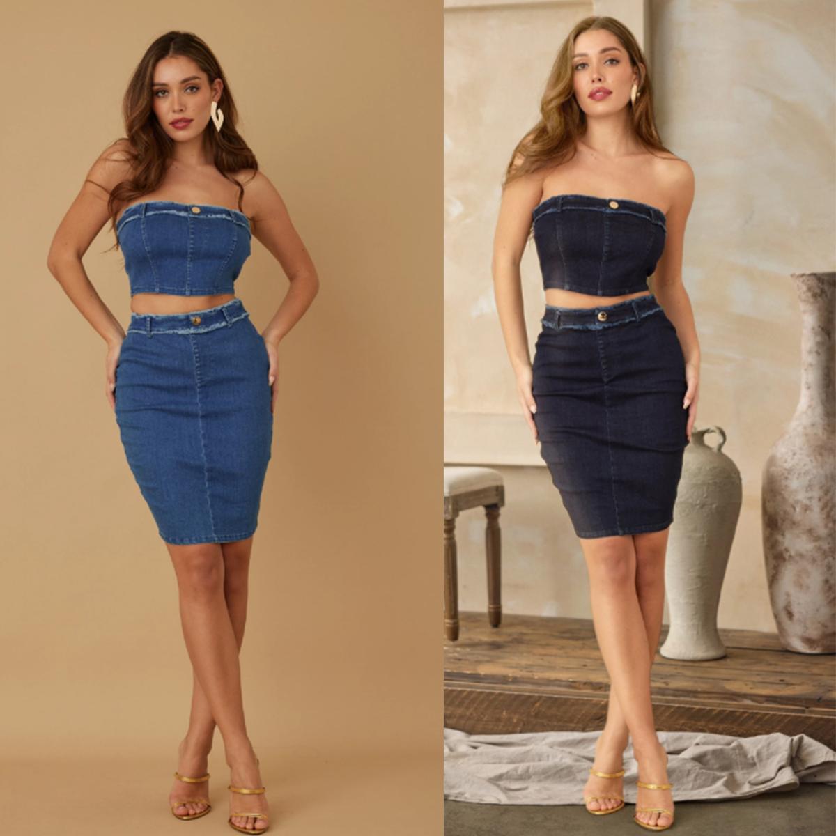 DISTRESSED TWO PIECE DENIM SETS - BUTTON UP SCRUNCHED TRIM - DISTRESSED WAIST BAND WITH BELT LOOP AND BUTTON - ZIPPER ON BACK