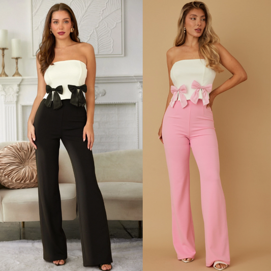 Strapless ribbon bow two piece sets - micro slit with robbon detail - open back with full zipper on the back - basic pants with zipper on the back