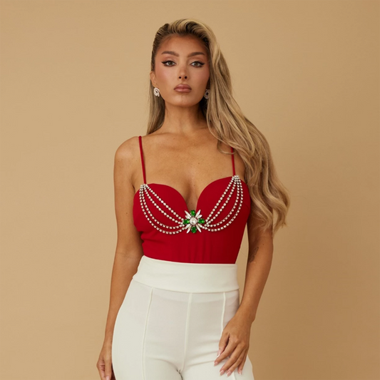 JEWEL CHAIN WITH GREEN STONE DETAIL BODYSUIT - SPAGHETTI STRAP / JEWEL DRAPED CHAIN