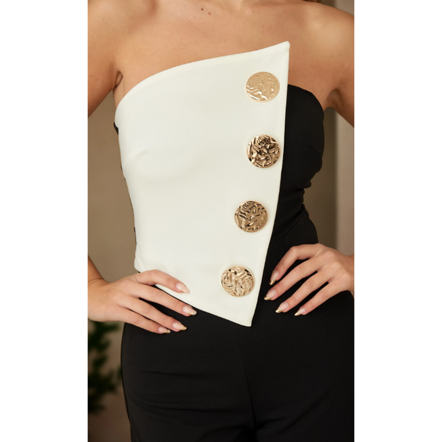 OFF SHOULDER BUTTON TRIM DETAILED FASHION JUMPSUIT - OVERLAP DETAIL, SLEEVELESS, ZIPPER IN THE BACK