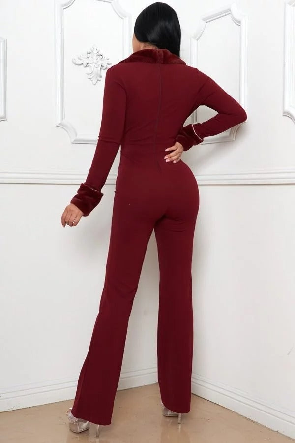 FAUX FUR COLLAR AND WRIST JUMPSUIT  LONG SLEEVE